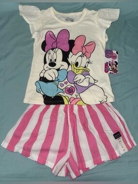 Disney Girls Minnie & Daisy Beige Top with Pink-and-White Striped Shorts